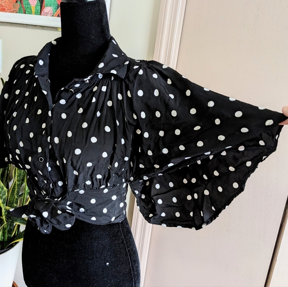 Anthropologie Maeve Black Polka Dot Cropped Flowy Top Women's Size 2 - Picture 5 of 8